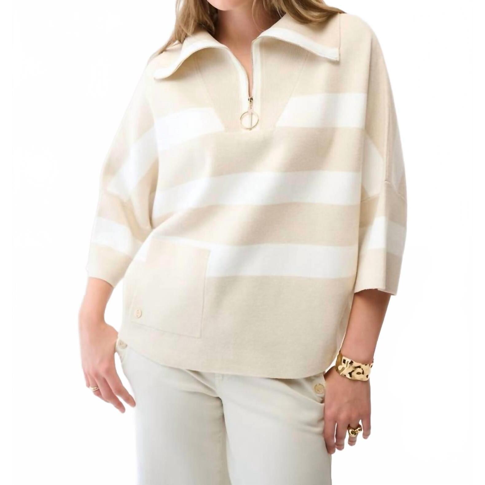New Joseph Ribkoff Striped Zipper Casual Top In Birch Melange/Winter White